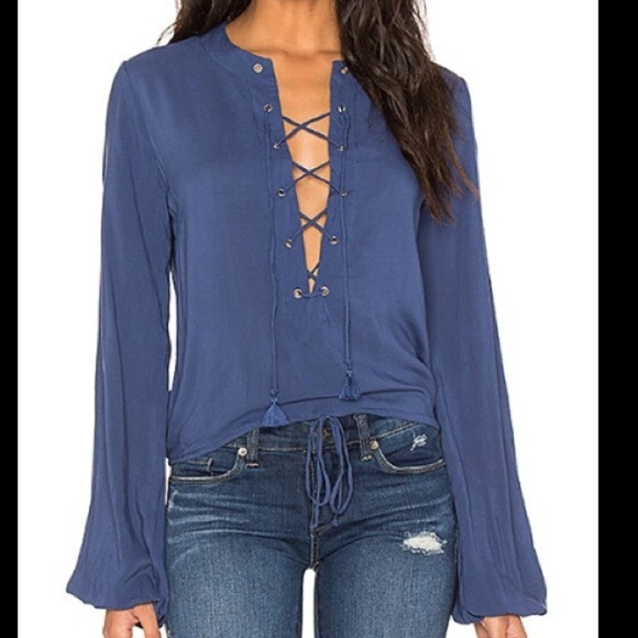 Faithfull the brand navy blue Shrimpton lace up, drawstring waist shirt. Small - Picture 1 of 5